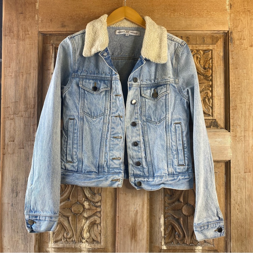 Rebecca Minkoff Denim Studded Detail Sherpa Collar Jean Jacket Size M - Picture 1 of 10